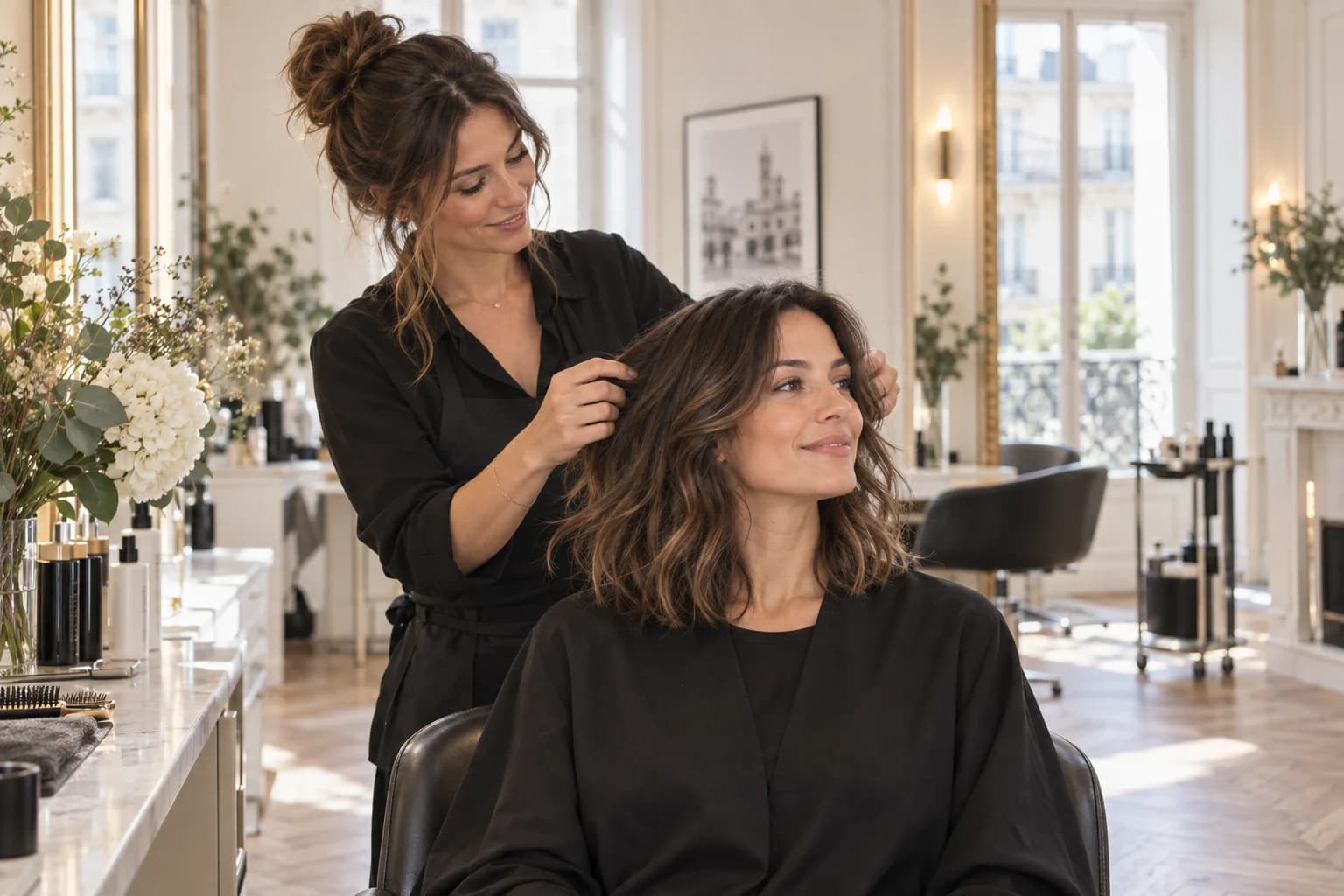 Une coiffeuse accompagne une cliente dans un salon lumineux